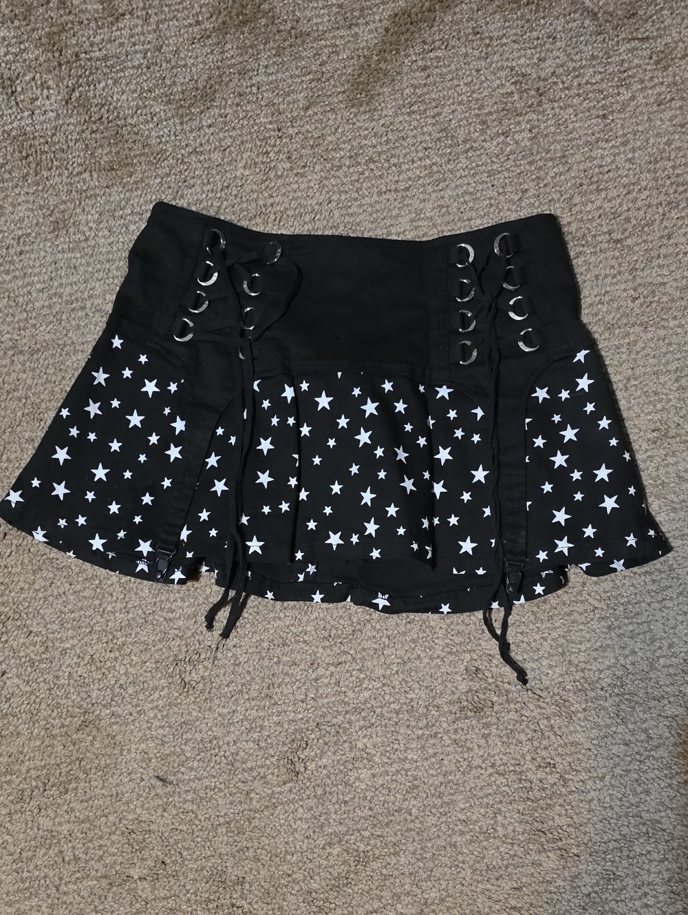 Royal Bones Black Mini Skirt with White Star Print & Lace-Up Detail